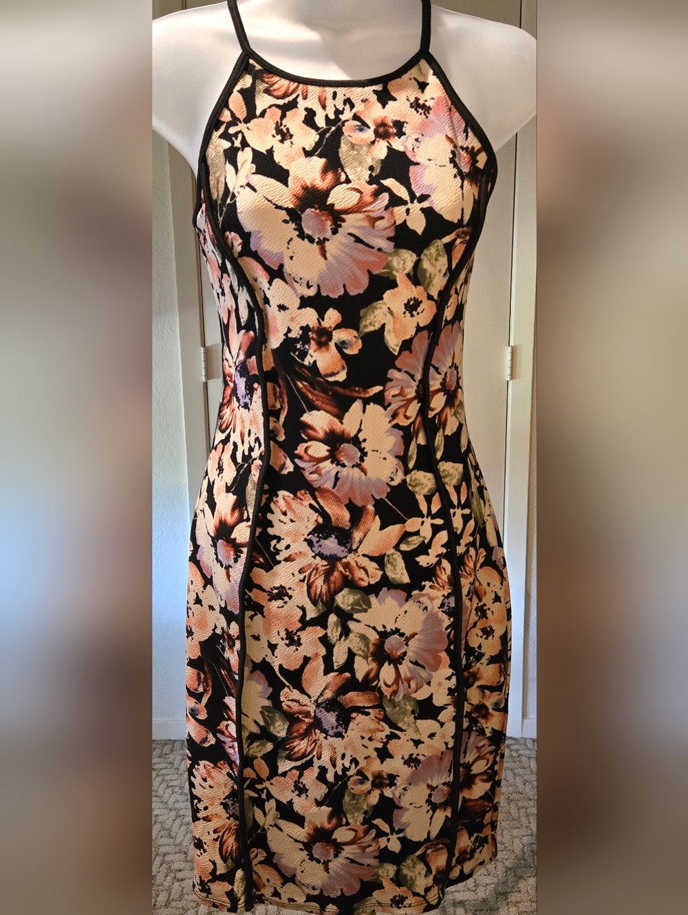 January 7 Black Bodycon Dress with Blush And Tan Floral Print